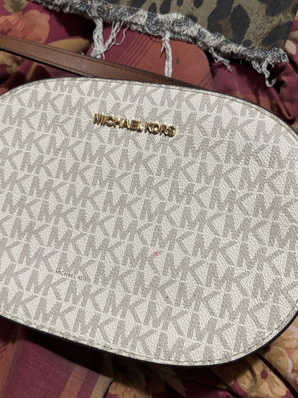 Michael Kors Signature Logo Crossbody in Cream with Brown Trim